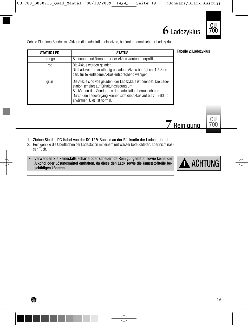 Achtung, Ladezyklus, Reinigung | AKG Acoustics CU700 User Manual | Page 19 / 44
