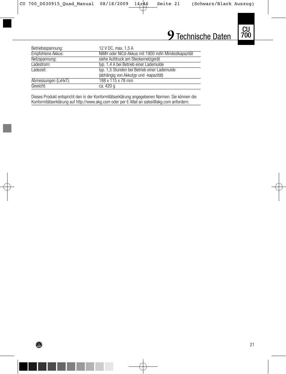 Technische daten, Cu 700 | AKG Acoustics CU700 User Manual | Page 21 / 44