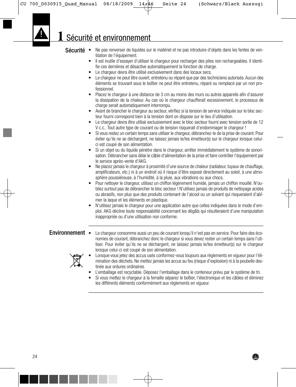 Sécurité et environnement | AKG Acoustics CU700 User Manual | Page 24 / 44