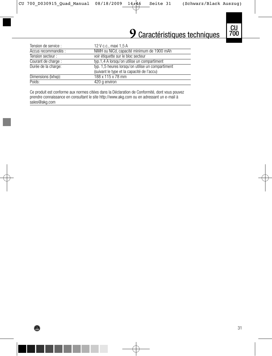 Caractéristiques techniques, Cu 700 | AKG Acoustics CU700 User Manual | Page 31 / 44