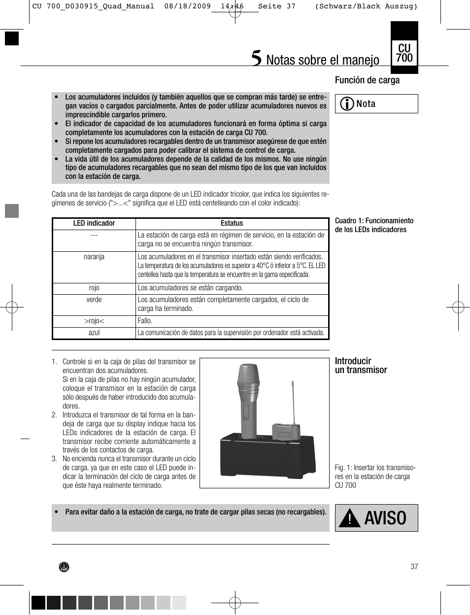 Aviso, Notas sobre el manejo, Cu 700 | AKG Acoustics CU700 User Manual | Page 37 / 44