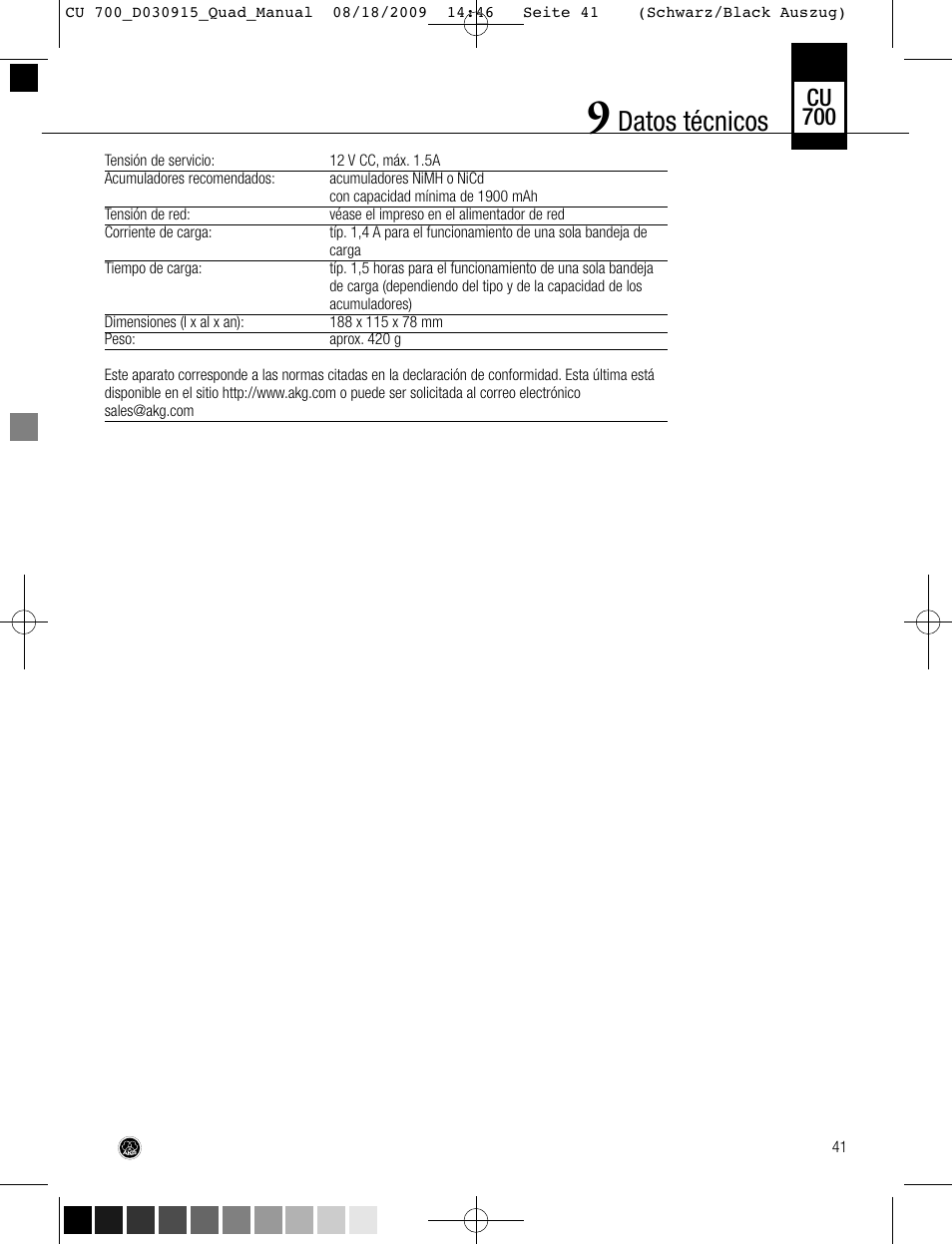 Datos técnicos, Cu 700 | AKG Acoustics CU700 User Manual | Page 41 / 44