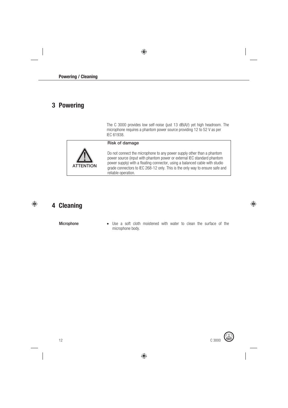 3 powering 4 cleaning | AKG Acoustics C 3000 User Manual | Page 12 / 38