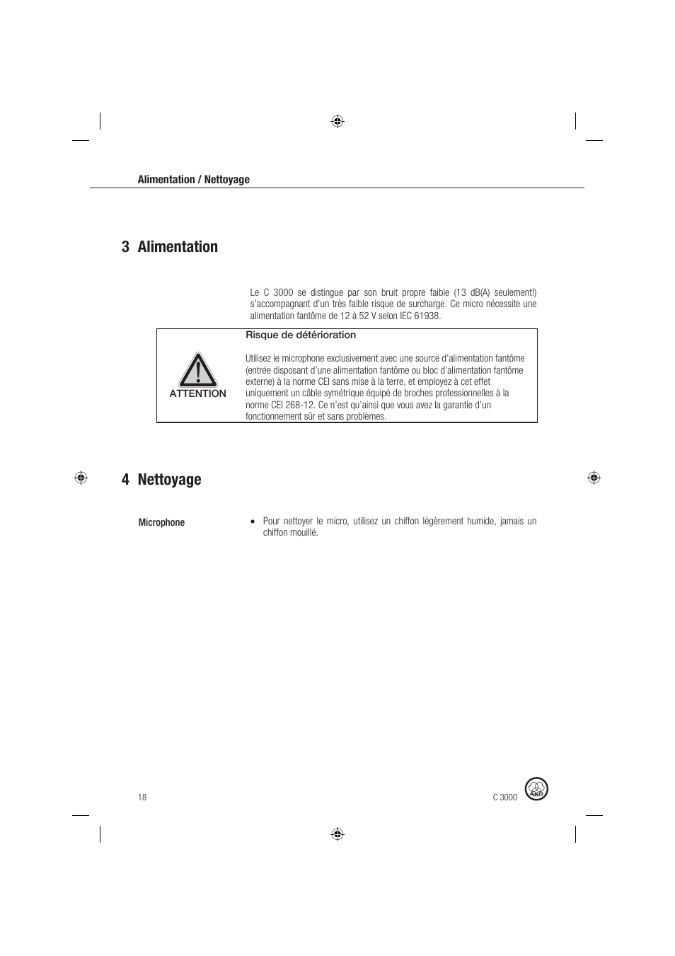 3 alimentation 4 nettoyage | AKG Acoustics C 3000 User Manual | Page 18 / 38