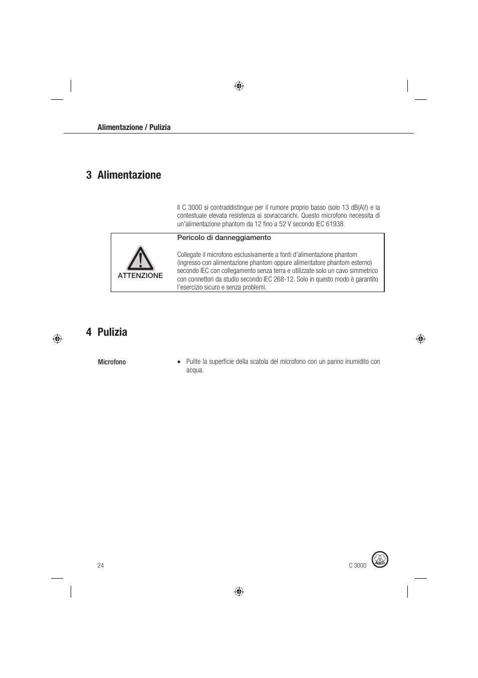 3 alimentazione 4 pulizia | AKG Acoustics C 3000 User Manual | Page 24 / 38