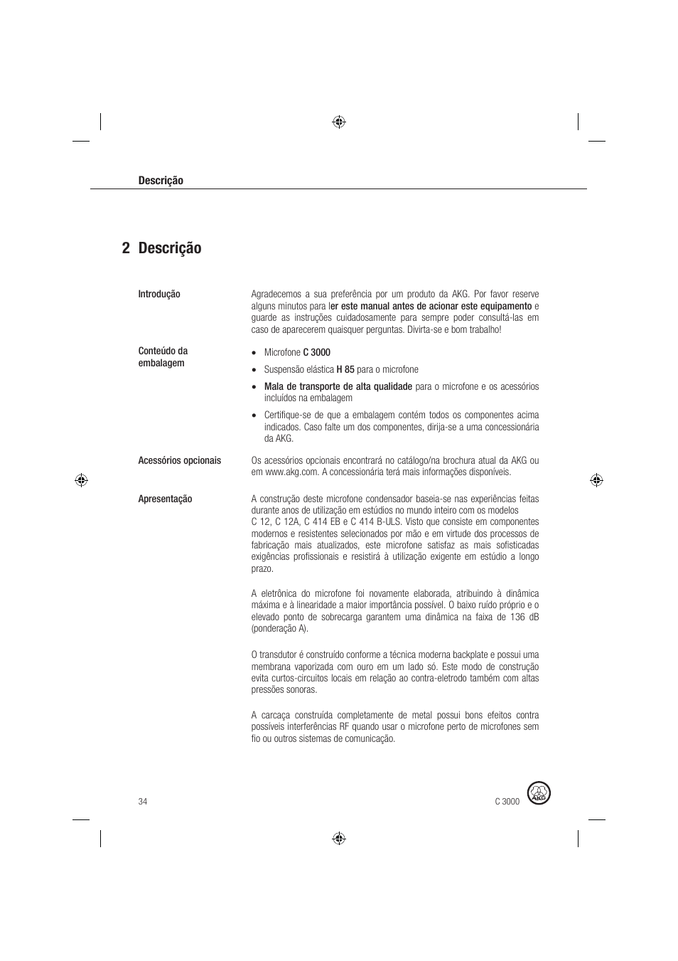 2 descrição | AKG Acoustics C 3000 User Manual | Page 34 / 38