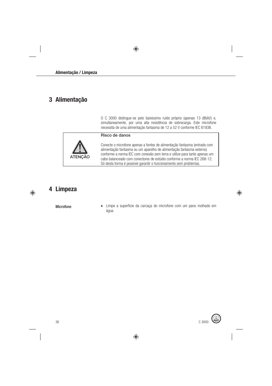 3 alimentação 4 limpeza | AKG Acoustics C 3000 User Manual | Page 36 / 38