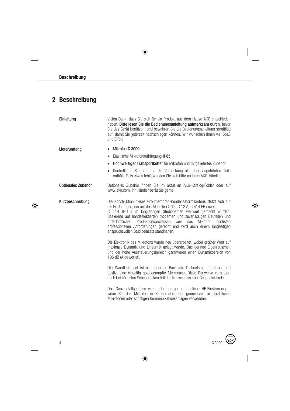 2 beschreibung | AKG Acoustics C 3000 User Manual | Page 4 / 38