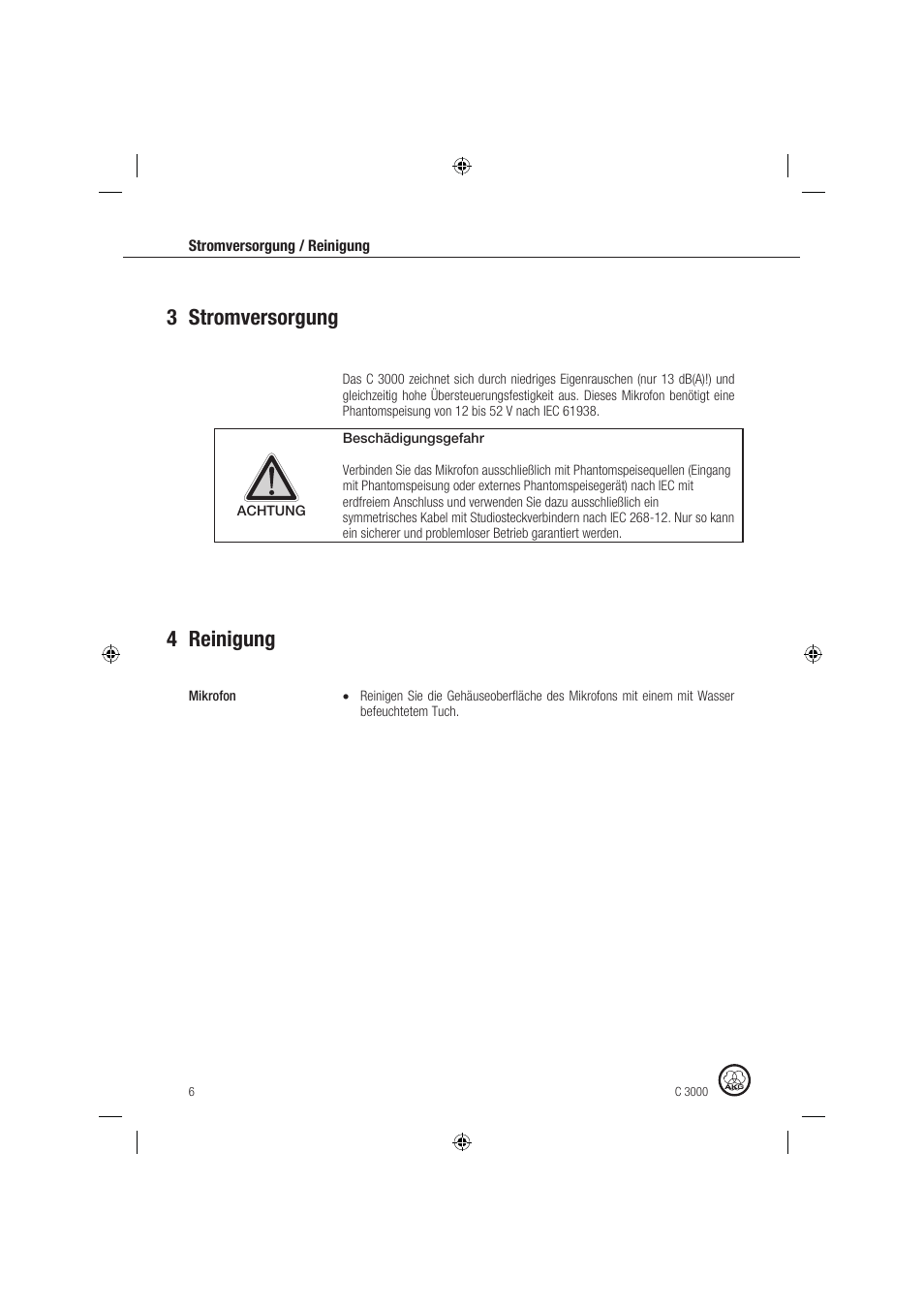 3 stromversorgung 4 reinigung | AKG Acoustics C 3000 User Manual | Page 6 / 38