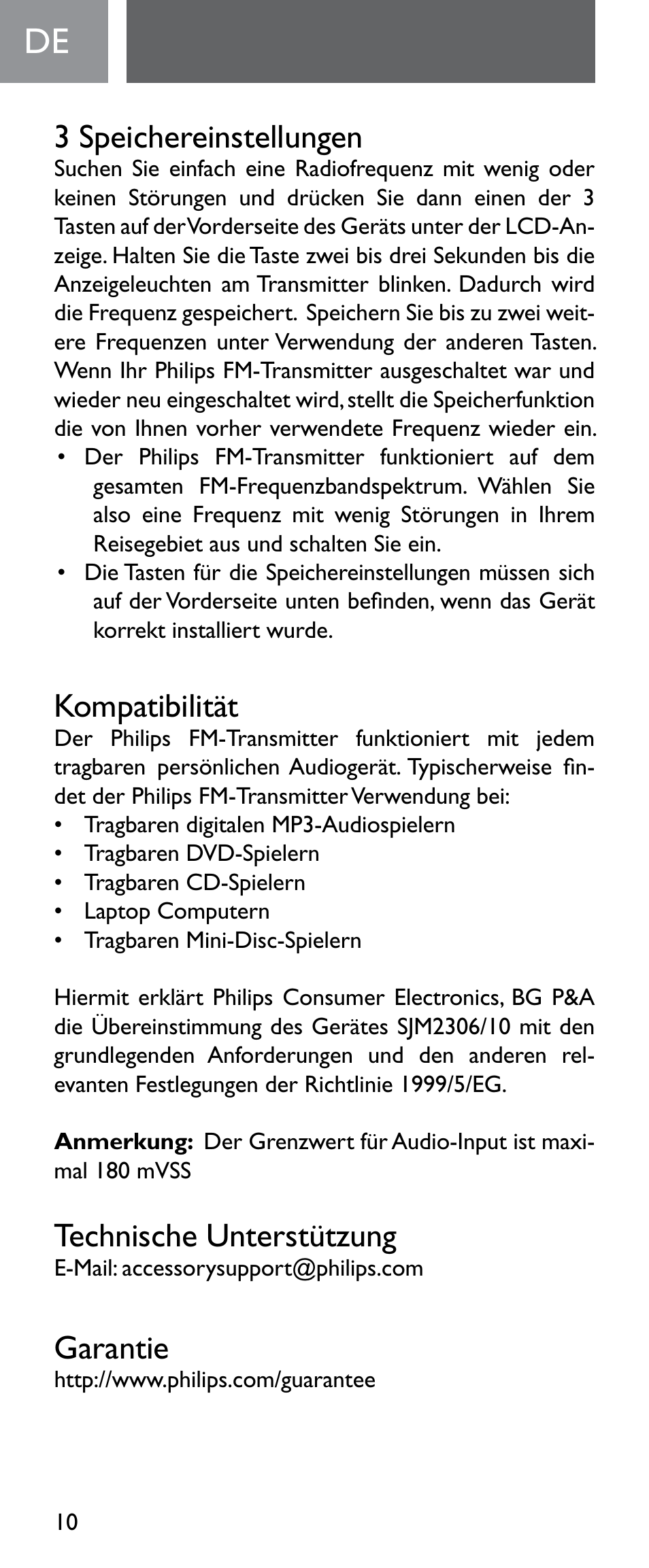 3 speichereinstellungen, Kompatibilität, Technische unterstützung | Garantie | Philips Émetteur FM numérique User Manual | Page 10 / 48