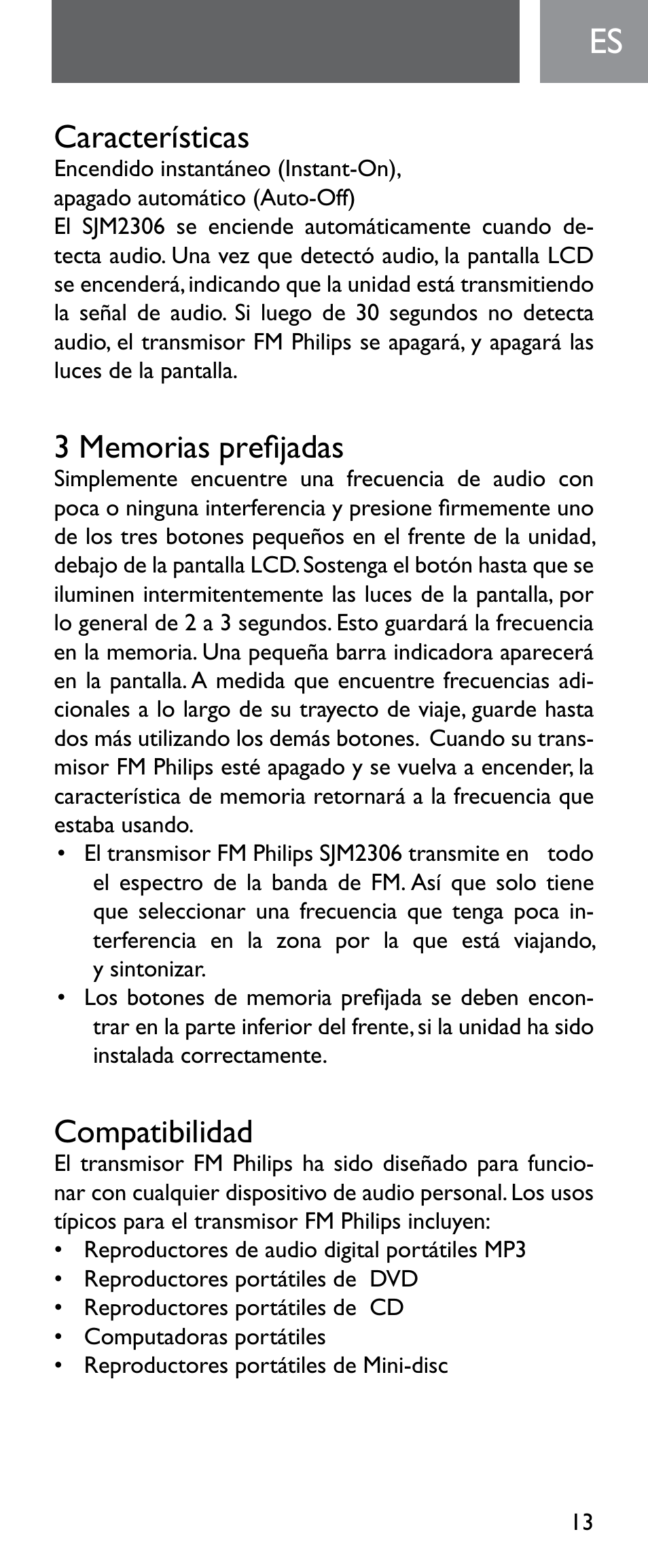 Características, Compatibilidad | Philips Émetteur FM numérique User Manual | Page 13 / 48