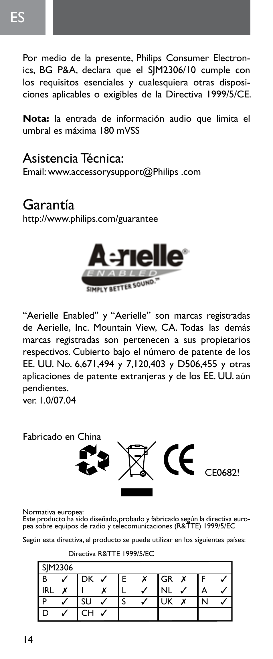 Garantía, Asistencia técnica | Philips Émetteur FM numérique User Manual | Page 14 / 48