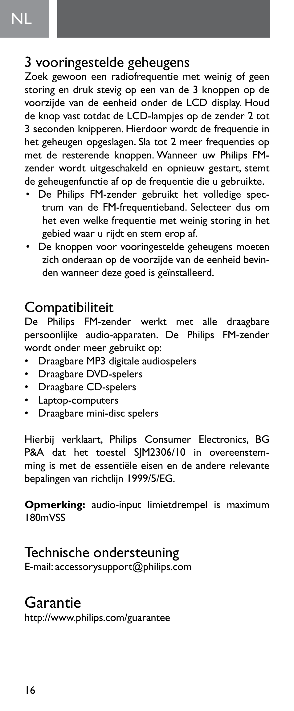 Garantie, 3 vooringestelde geheugens, Compatibiliteit | Technische ondersteuning | Philips Émetteur FM numérique User Manual | Page 16 / 48