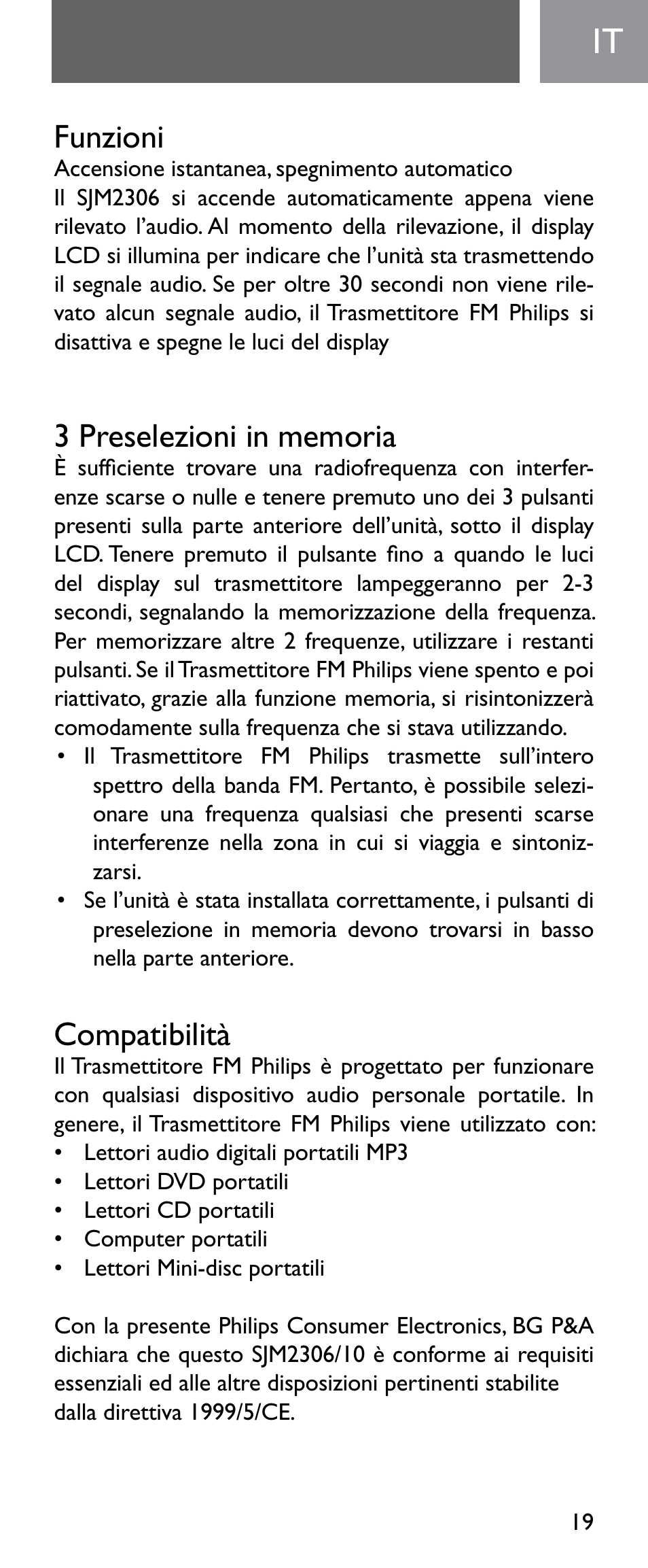 Funzioni, Compatibilità | Philips Émetteur FM numérique User Manual | Page 19 / 48