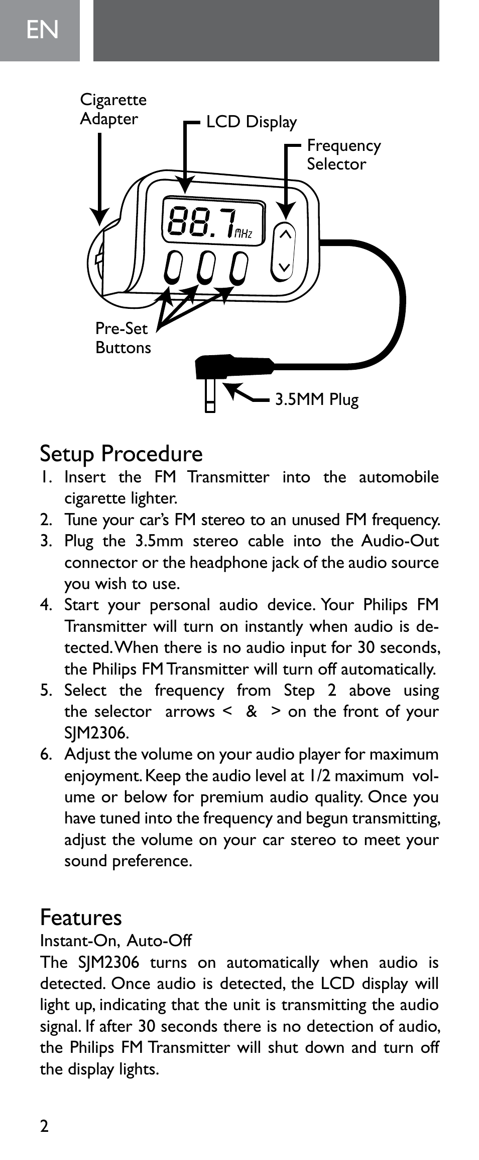 Setup procedure, Features | Philips Émetteur FM numérique User Manual | Page 2 / 48