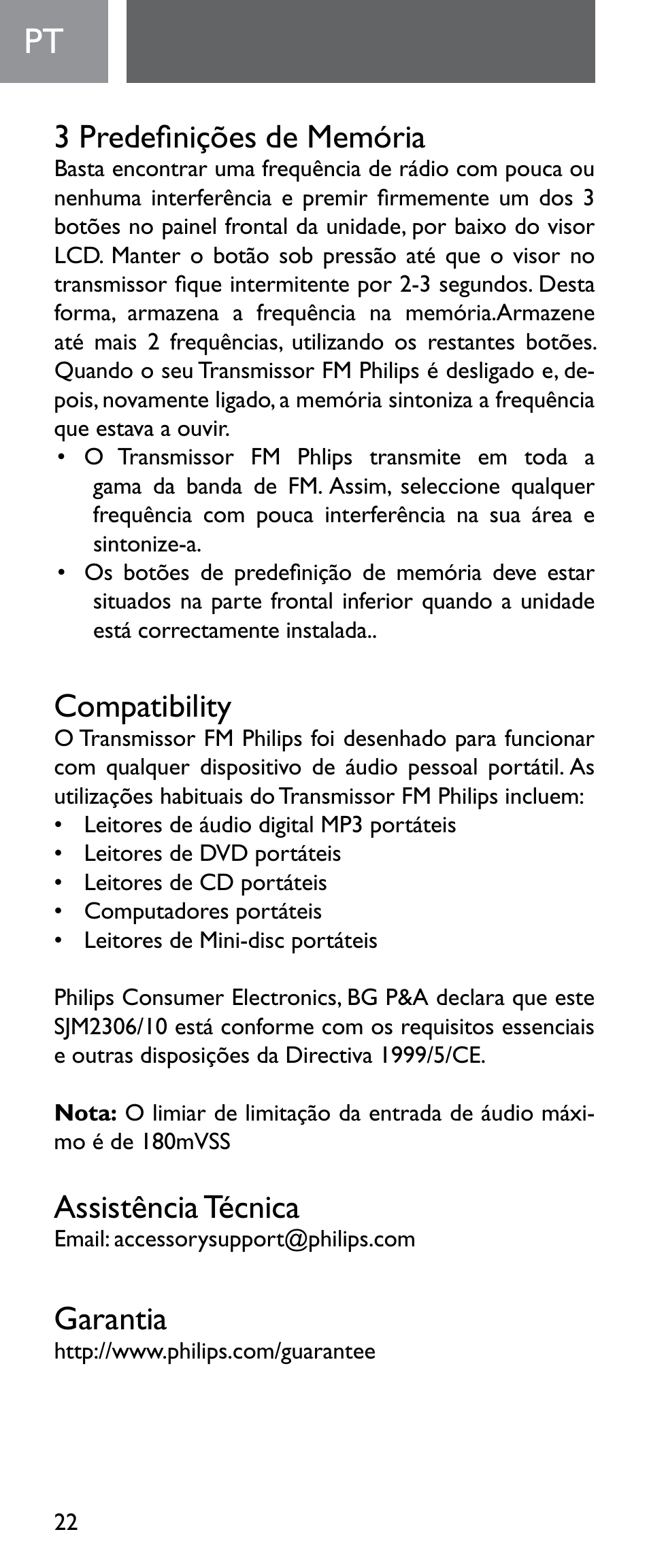 3 predefinições de memória, Compatibility, Assistência técnica | Garantia | Philips Émetteur FM numérique User Manual | Page 22 / 48