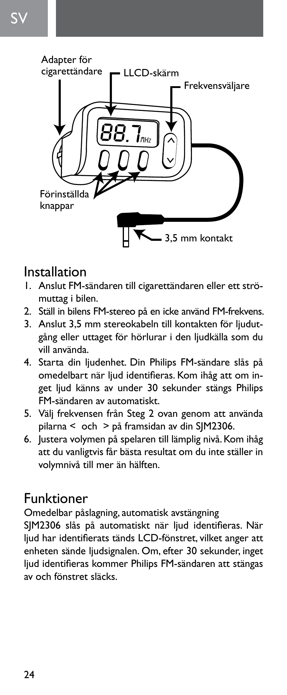 Installation, Funktioner | Philips Émetteur FM numérique User Manual | Page 24 / 48