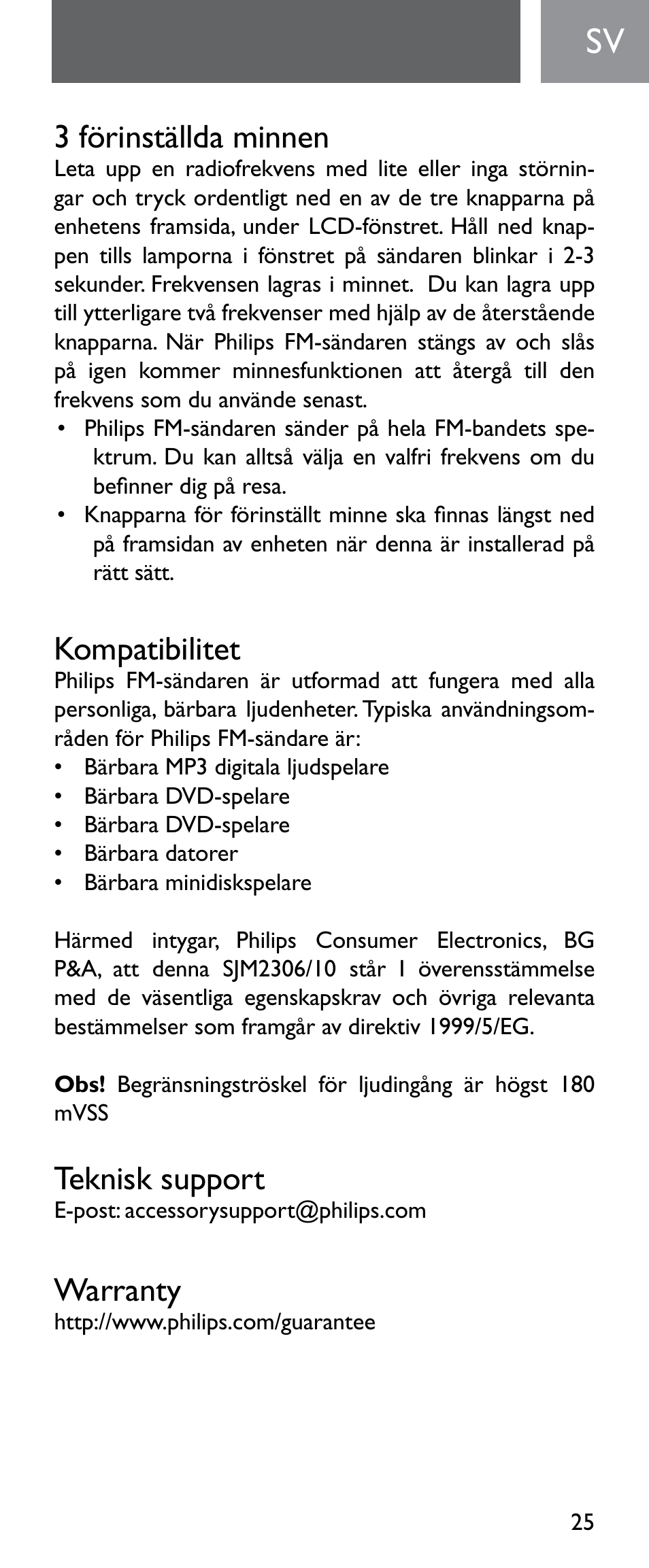 3 förinställda minnen, Kompatibilitet, Teknisk support | Warranty | Philips Émetteur FM numérique User Manual | Page 25 / 48