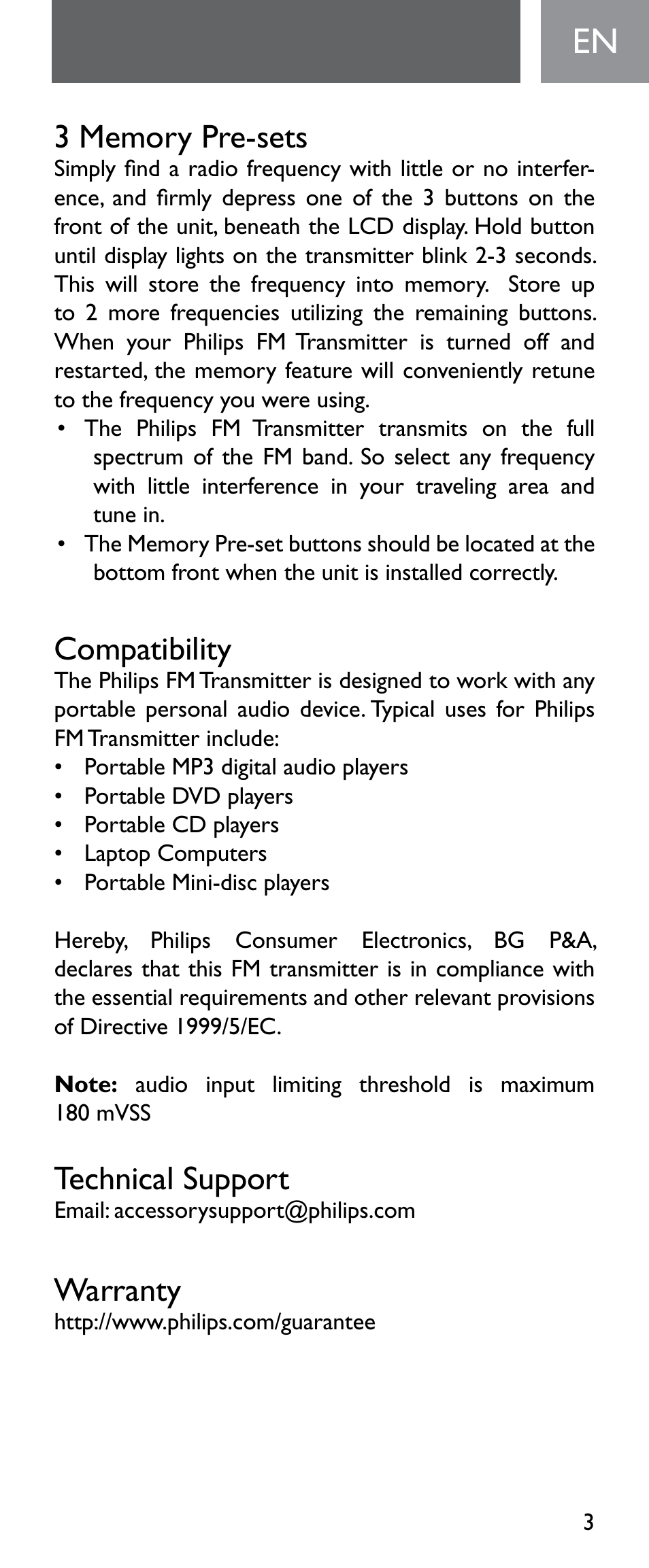 Compatibility, Technical support, Warranty | Philips Émetteur FM numérique User Manual | Page 3 / 48