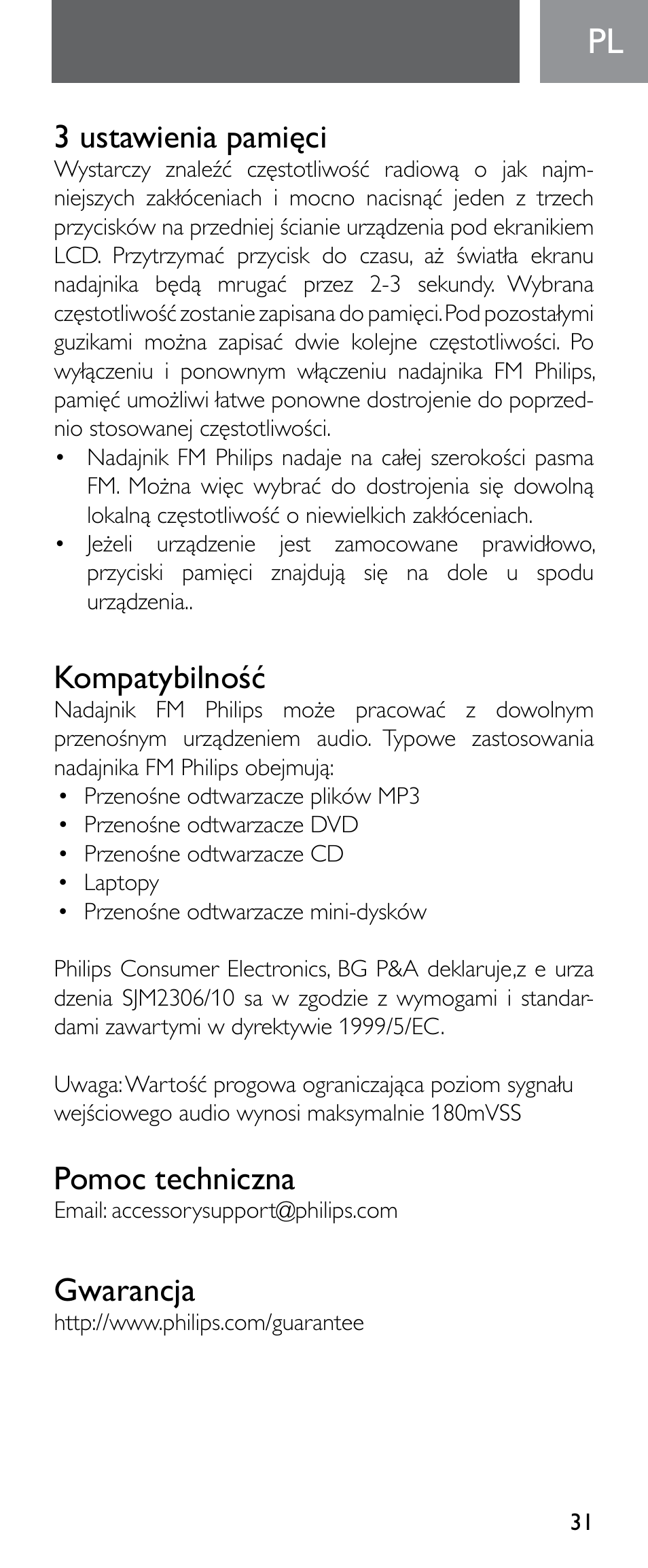 3 ustawienia pamięci, Kompatybilność, Pomoc techniczna | Gwarancja | Philips Émetteur FM numérique User Manual | Page 31 / 48