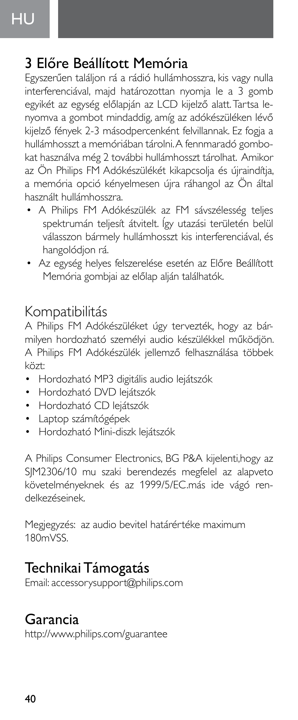 3 előre beállított memória, Kompatibilitás, Technikai támogatás | Garancia | Philips Émetteur FM numérique User Manual | Page 40 / 48