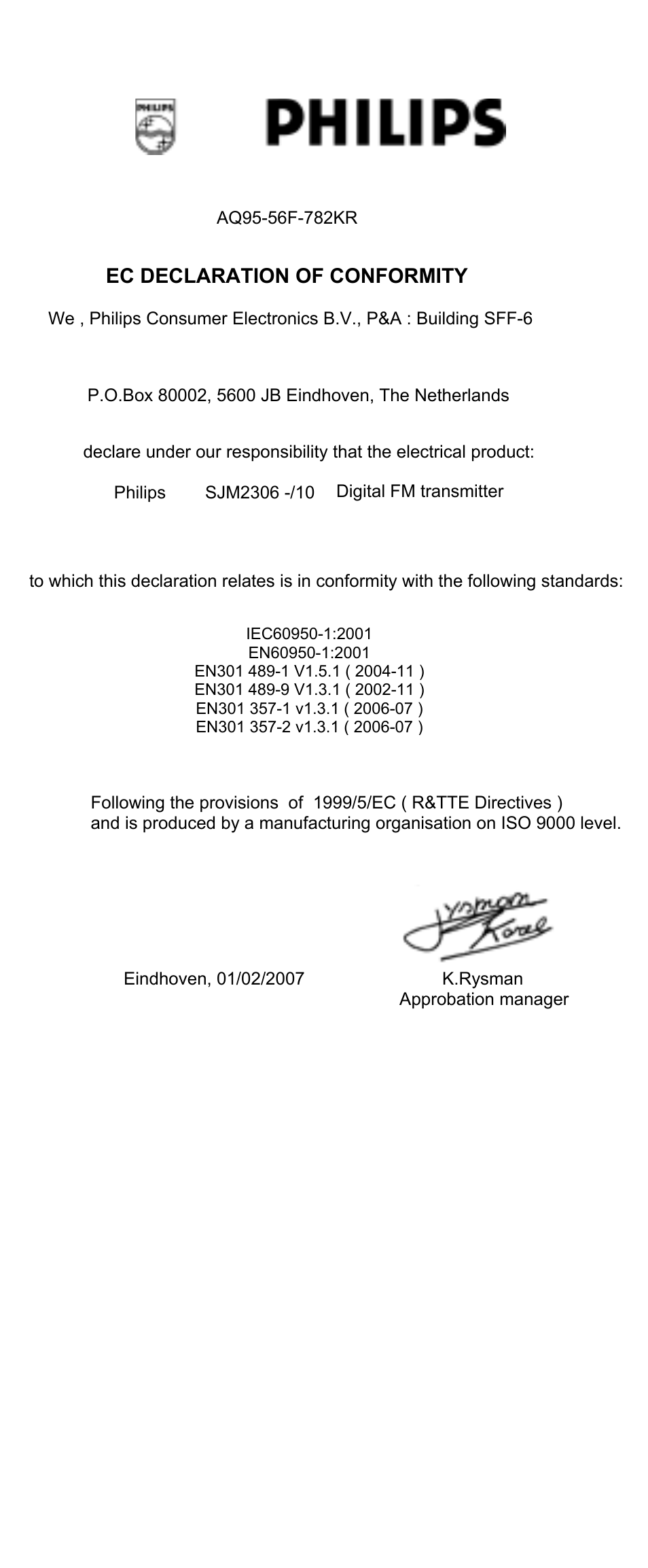 Ec declaration of conformity | Philips Émetteur FM numérique User Manual | Page 5 / 48