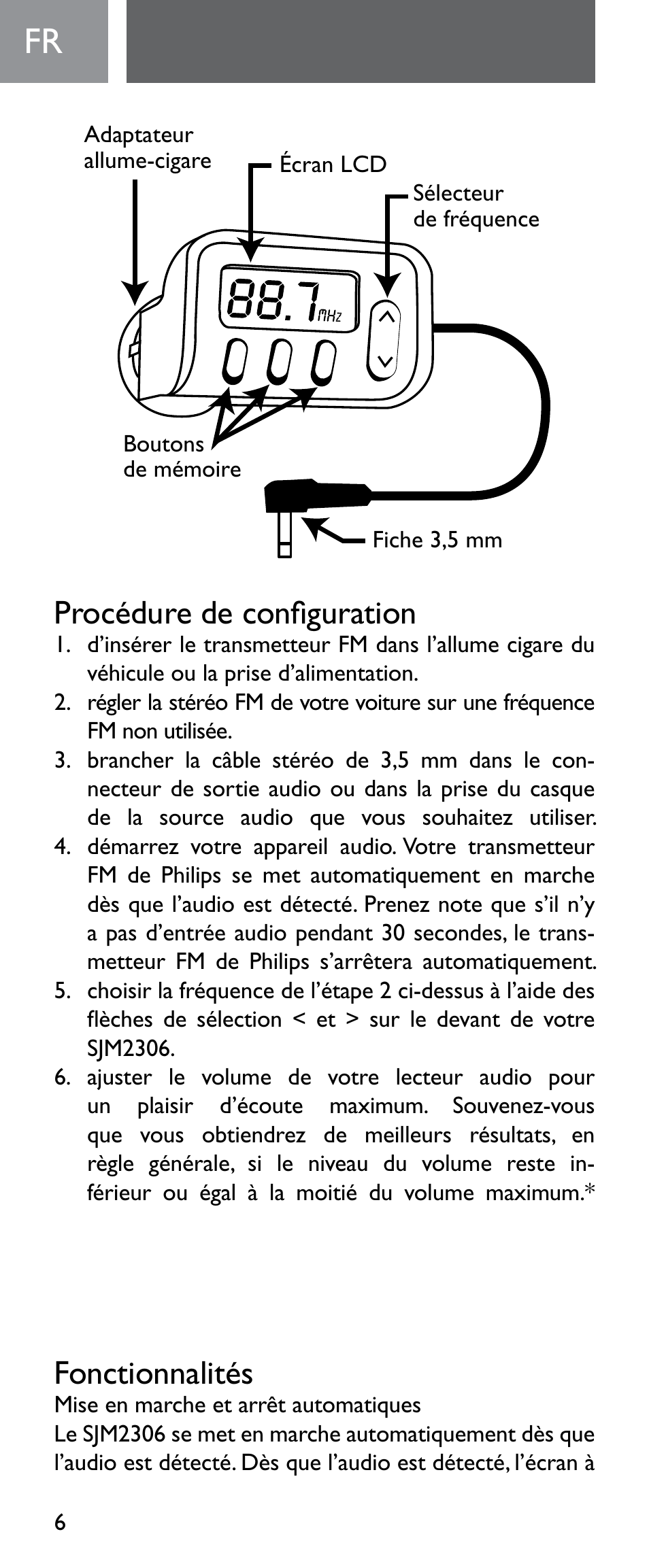 Procédure de configuration, Fonctionnalités | Philips Émetteur FM numérique User Manual | Page 6 / 48