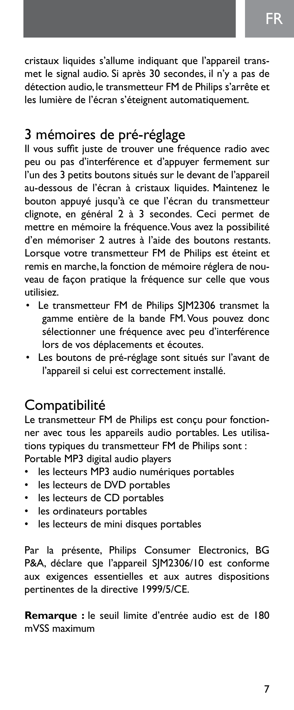 3 mémoires de pré-réglage, Compatibilité | Philips Émetteur FM numérique User Manual | Page 7 / 48