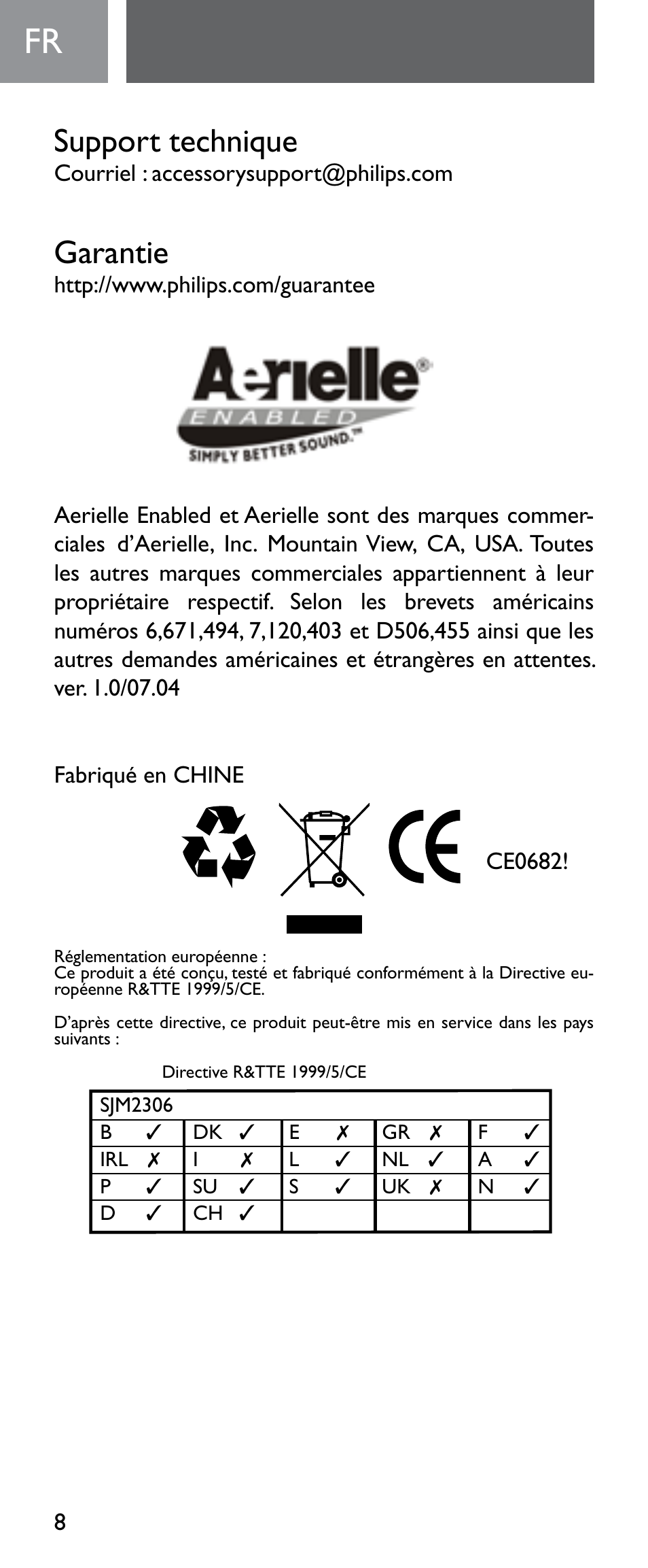 Support technique, Garantie | Philips Émetteur FM numérique User Manual | Page 8 / 48