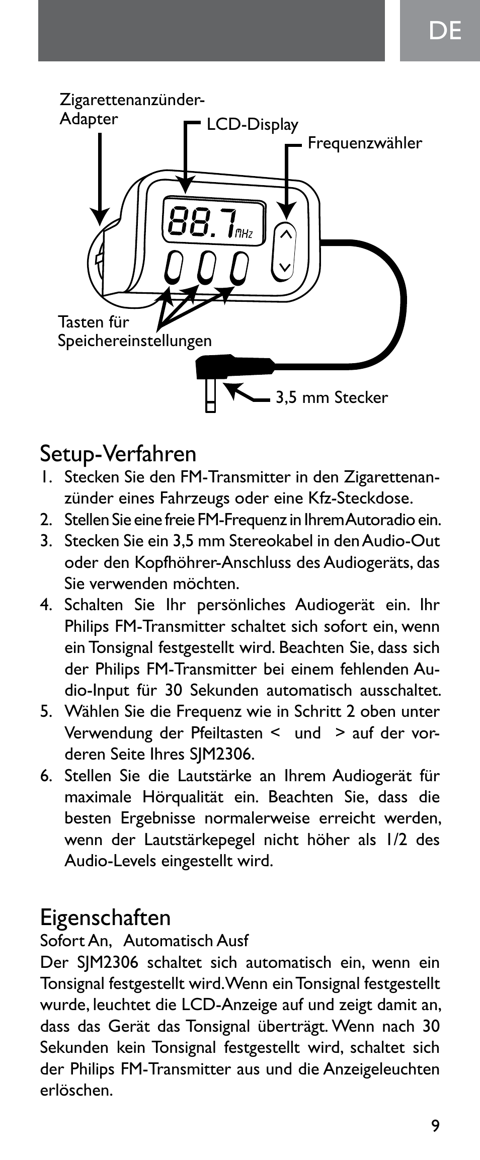 Setup-verfahren, Eigenschaften | Philips Émetteur FM numérique User Manual | Page 9 / 48