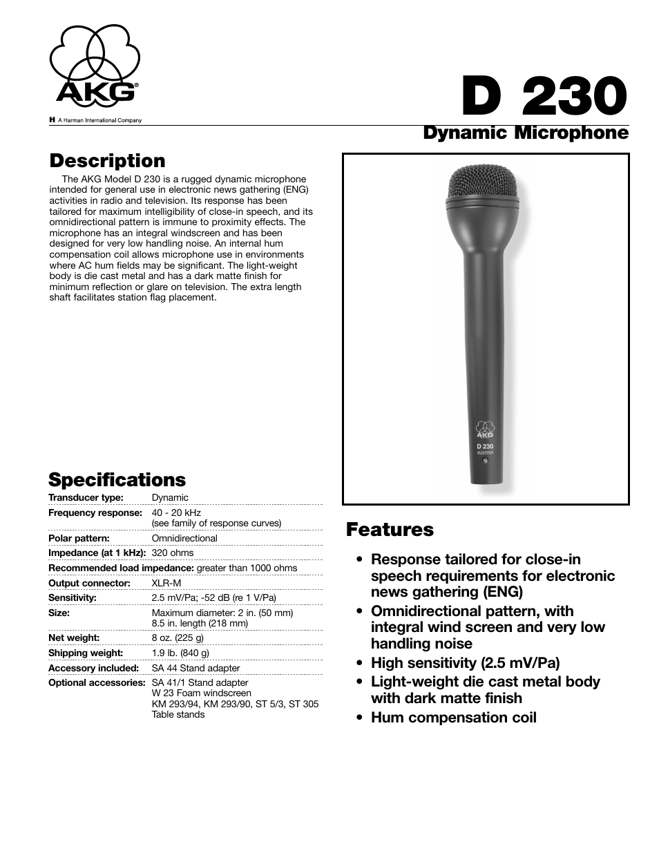 AKG Acoustics D230 User Manual | 2 pages