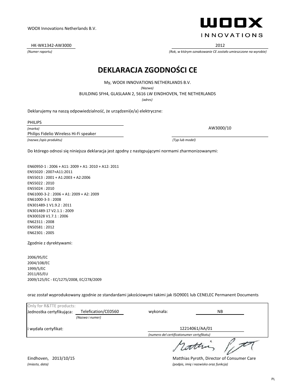 Deklaracja zgodności ce | Philips Fidelio Enceinte Hi-Fi sans fil A3 User Manual | Page 11 / 21