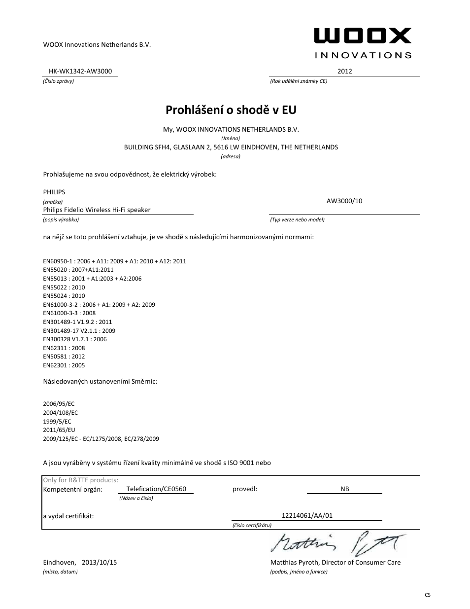 Prohlášení o shodě v eu | Philips Fidelio Enceinte Hi-Fi sans fil A3 User Manual | Page 15 / 21