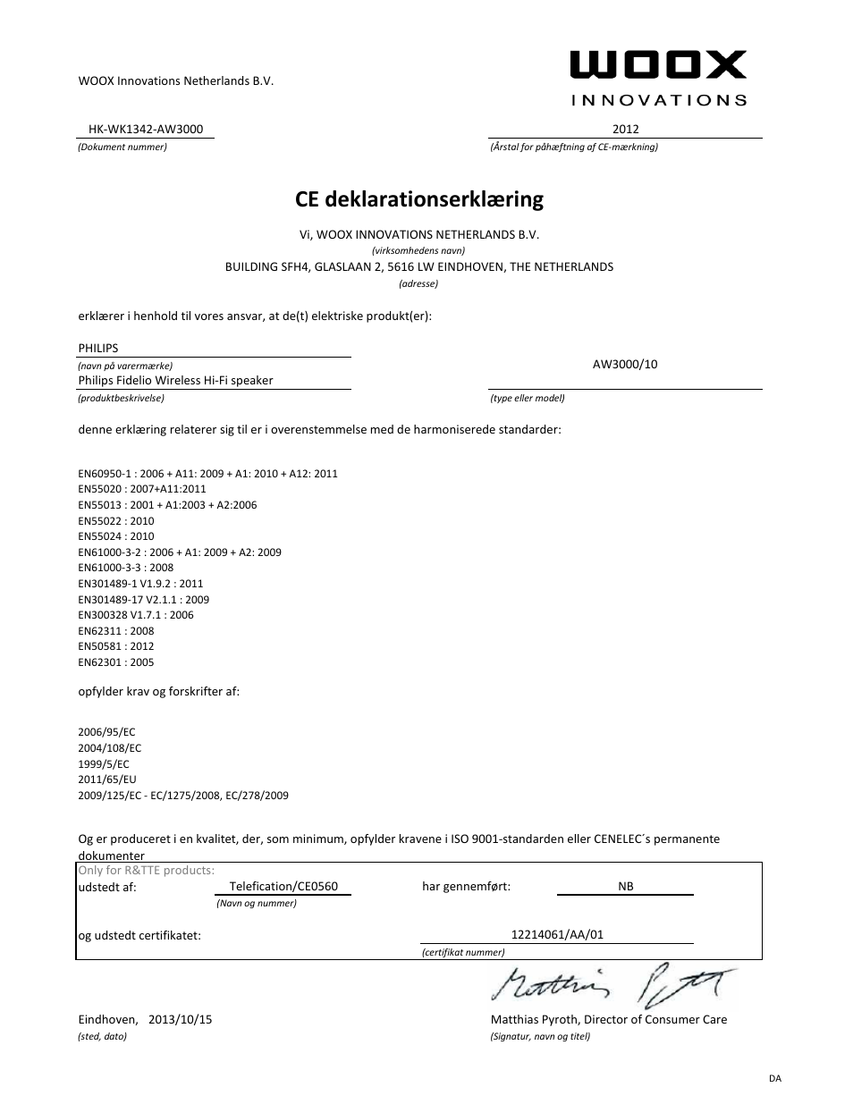 Ce deklarationserklæ ring | Philips Fidelio Enceinte Hi-Fi sans fil A3 User Manual | Page 5 / 21