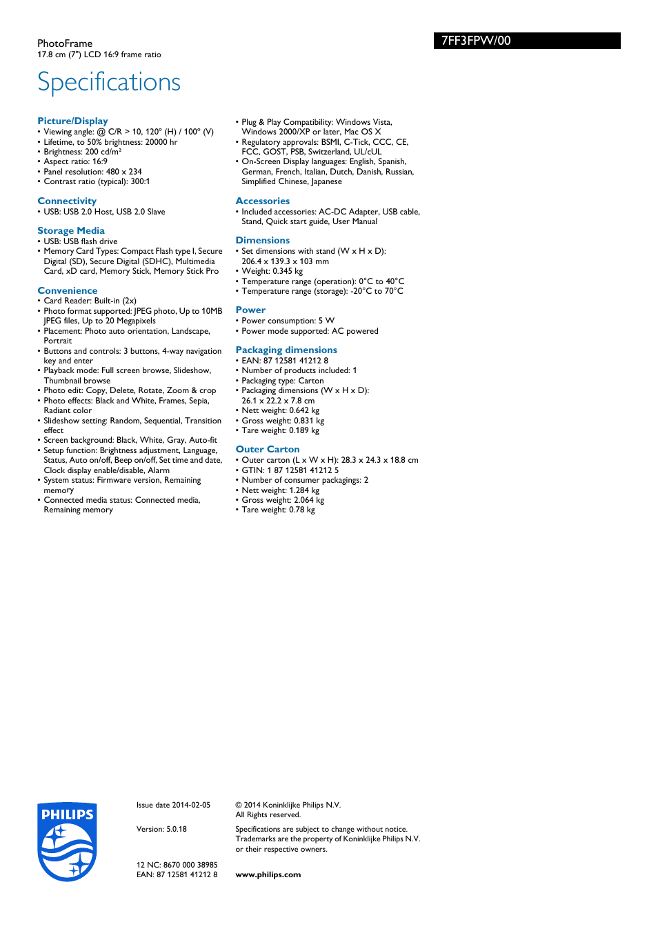 Specifications, 7ff3fpw/00 | Philips Cadre Photo User Manual | Page 3 / 3
