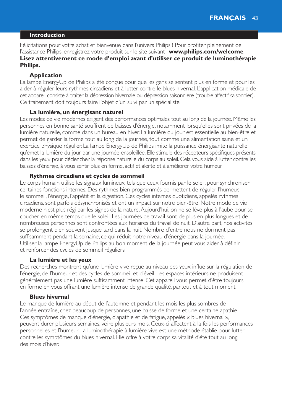 Français, Français 43 | Philips EnergyUp Lampe Energylight User Manual | Page 43 / 92
