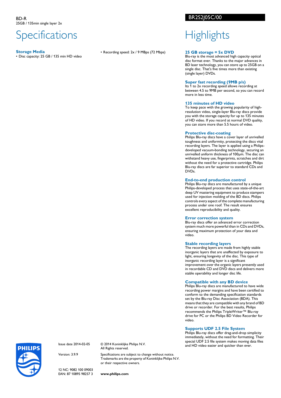 Specifications, Highlights | Philips BD-R User Manual | Page 2 / 2