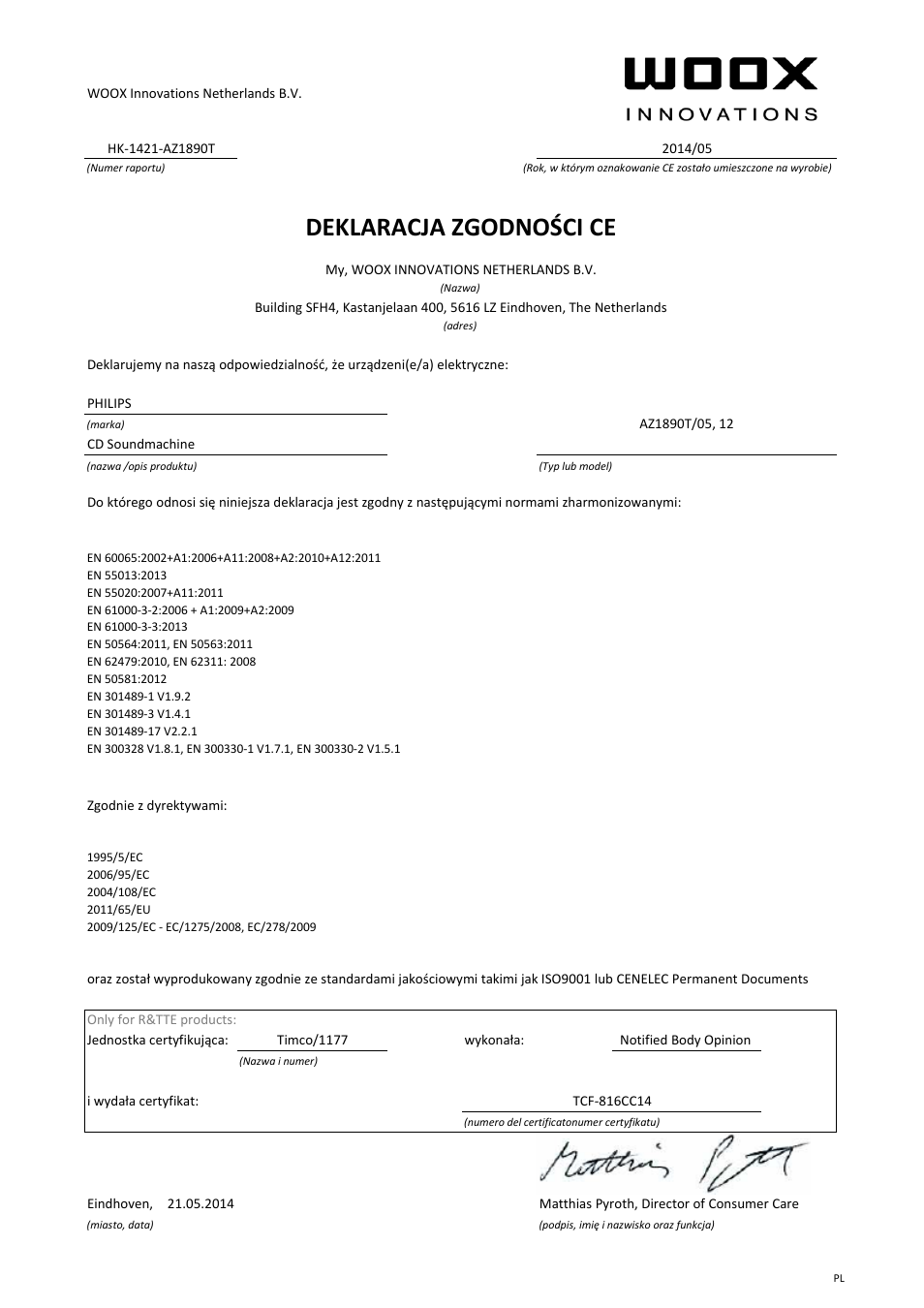 Deklaracja zgodności ce | Philips Lecteur de CD User Manual | Page 11 / 21