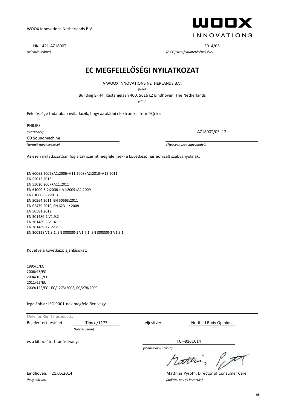 Ec megfelelőségi nyilatkozat | Philips Lecteur de CD User Manual | Page 13 / 21