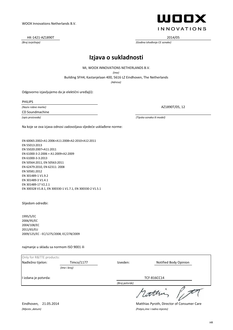 Izjava o sukladnosti | Philips Lecteur de CD User Manual | Page 16 / 21