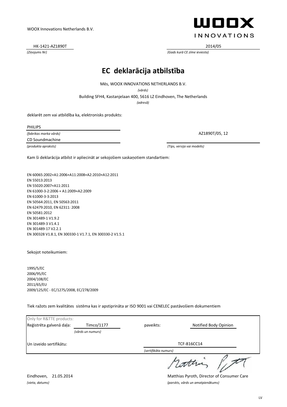 Ec deklarācija atbilstība | Philips Lecteur de CD User Manual | Page 19 / 21