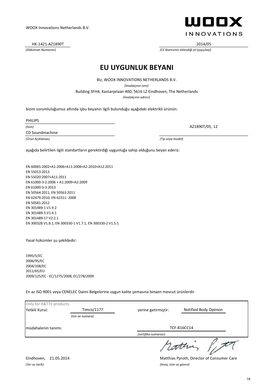 Eu uygunluk beyani | Philips Lecteur de CD User Manual | Page 21 / 21