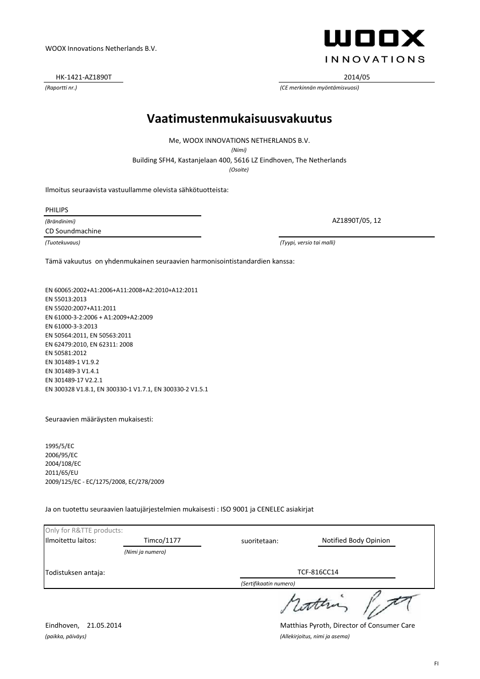 Vaatimustenmukaisuusvakuutus | Philips Lecteur de CD User Manual | Page 6 / 21