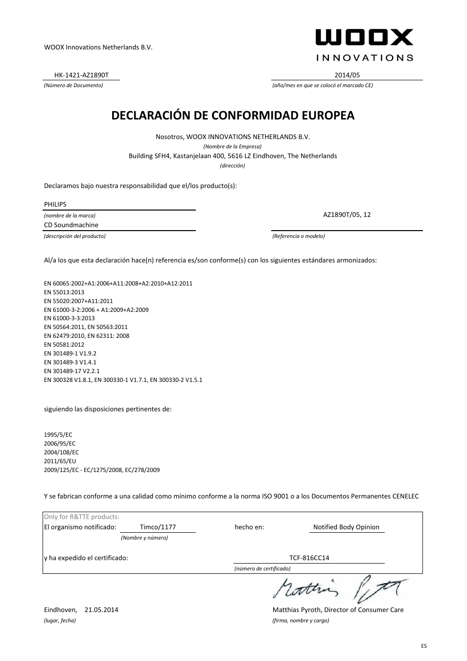 Declaración de conformidad europea | Philips Lecteur de CD User Manual | Page 7 / 21