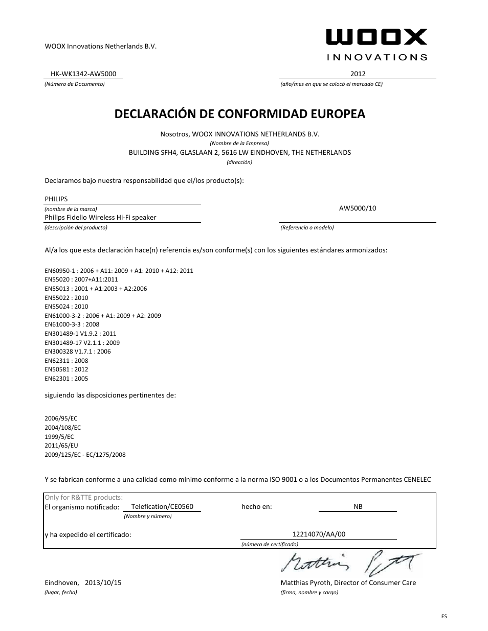 Declaració n de conformidad europea | Philips Fidelio Enceinte Hi-Fi sans fil A5 User Manual | Page 7 / 21