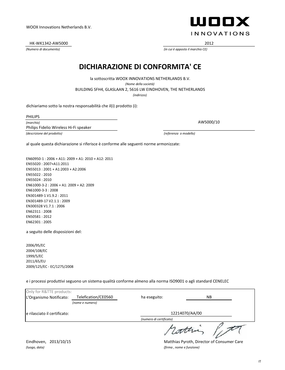 Dichiarazione di conformita' ce | Philips Fidelio Enceinte Hi-Fi sans fil A5 User Manual | Page 9 / 21