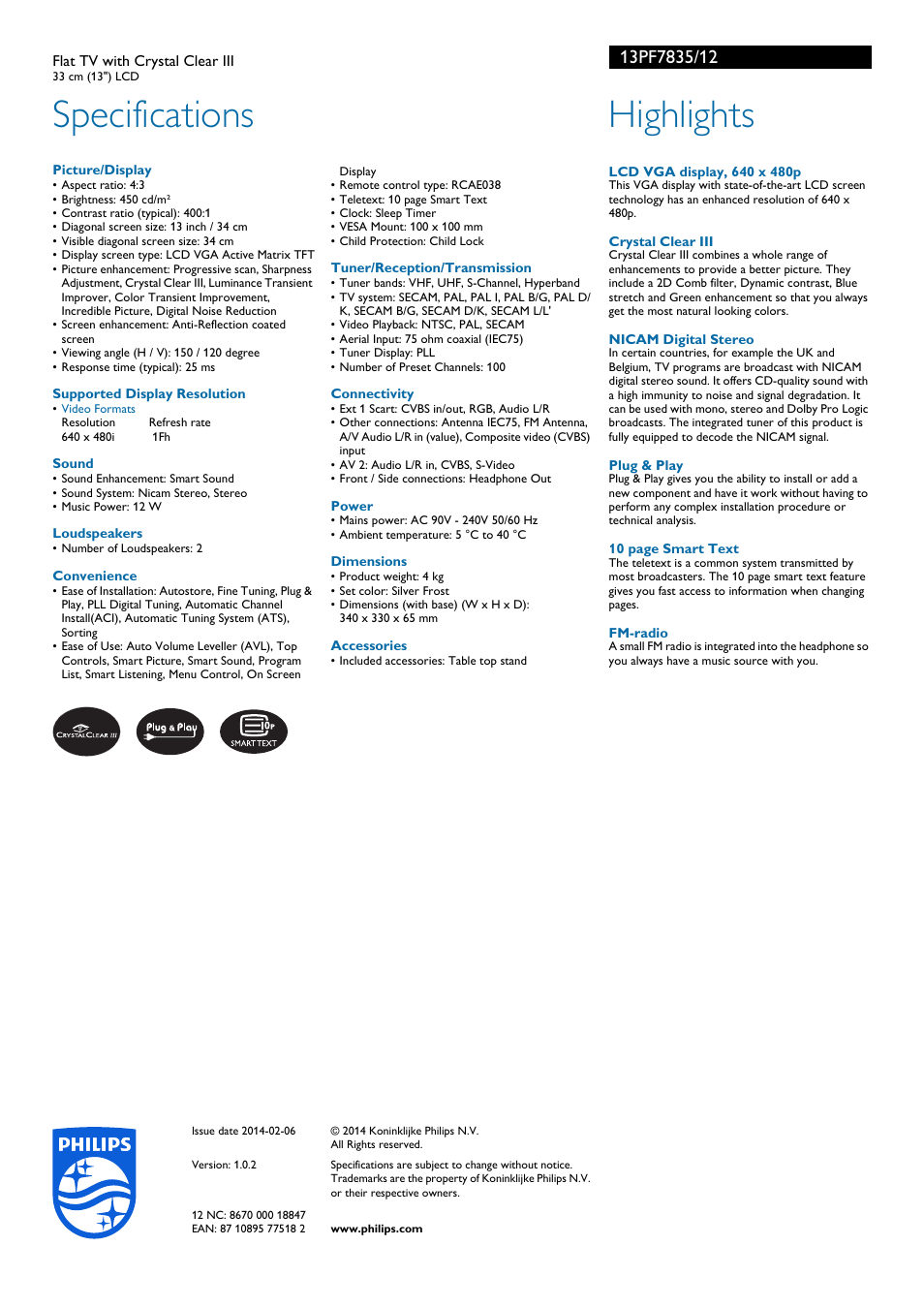 Specifications, Highlights | Philips Téléviseur User Manual | Page 2 / 2