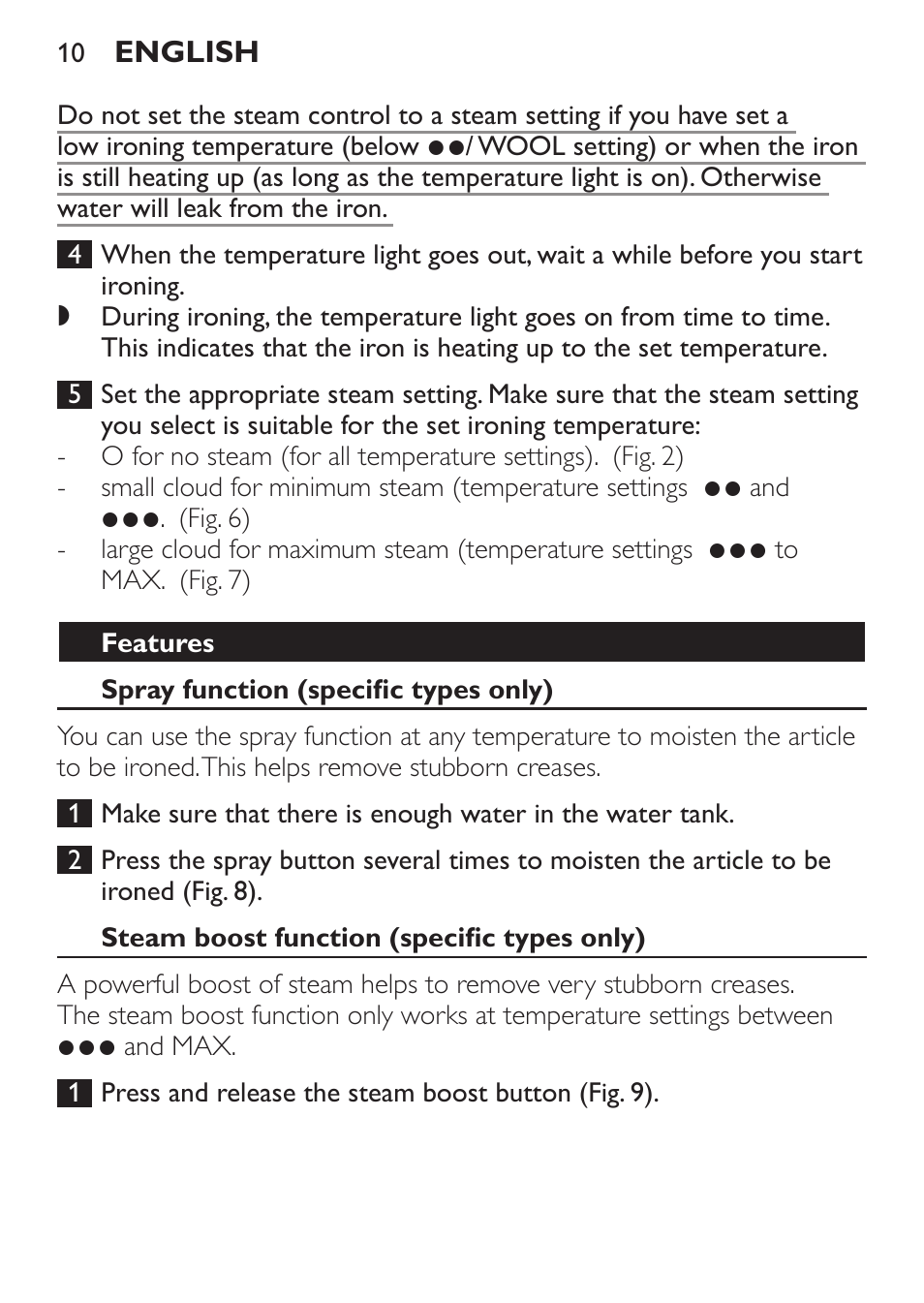 Features, Spray function (specific types only), Steam boost function (specific types only) | Philips 1900 series Fer vapeur User Manual | Page 10 / 176