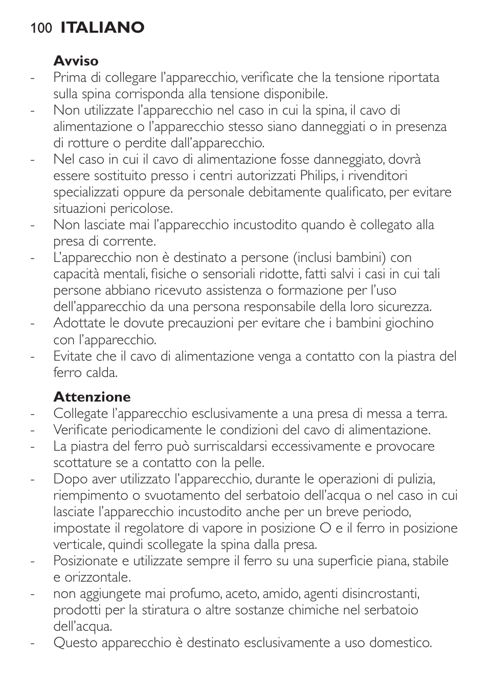 Avviso, Attenzione | Philips 1900 series Fer vapeur User Manual | Page 100 / 176