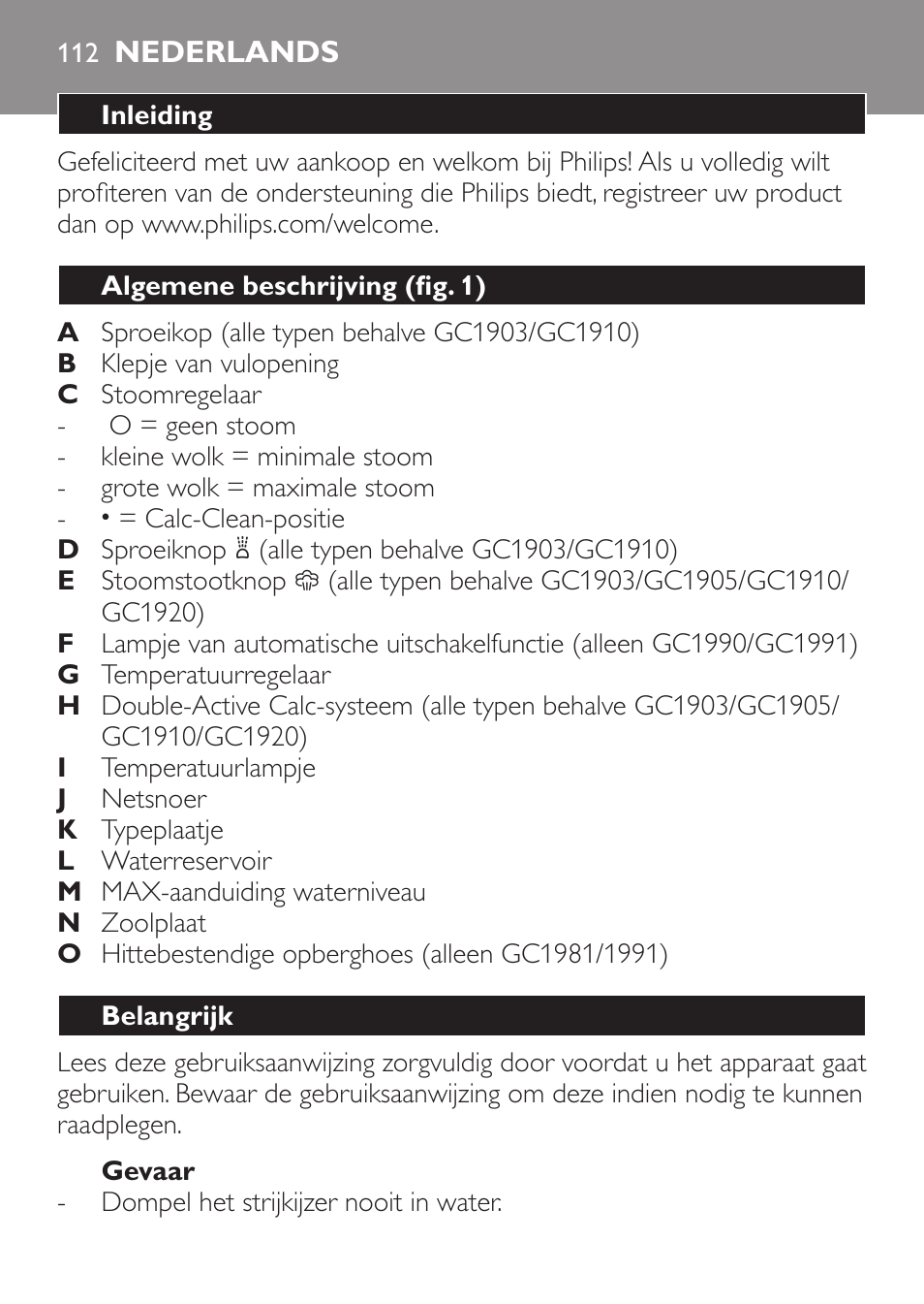 Gevaar, Nederlands, Inleiding | Algemene beschrijving (fig. 1), Belangrijk | Philips 1900 series Fer vapeur User Manual | Page 112 / 176